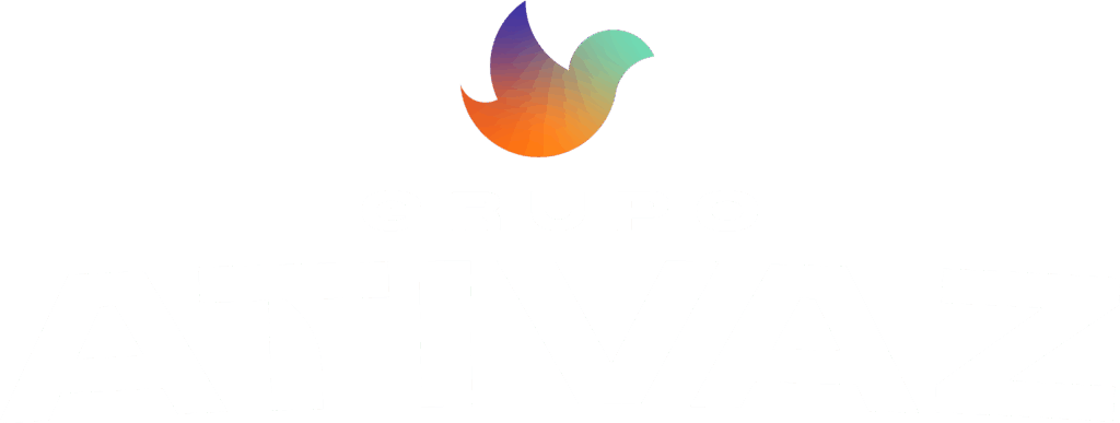 Logo do Grupo Ativaz com um pássaro estilizado em degradê roxo, laranja e verde acima da palavra “GRUPO” em letras brancas e do nome “ATIVAZ” em letras maiúsculas brancas grandes e arqueadas sobre fundo preto.