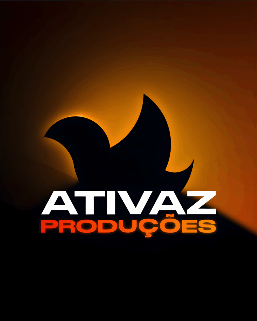Imagem da Ativaz Produções com fundo em degradê laranja escuro e preto, trazendo ao centro o ícone de pássaro estilizado em preto com halo de luz alaranjada atrás. Abaixo, o nome ATIVAZ aparece em branco e PRODUÇÕES em degradê laranja.