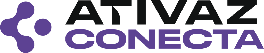 Logo da Ativaz Conecta, com um ícone composto por três formas arredondadas em roxo e o nome ATIVAZ em preto acima da palavra CONECTA em roxo.