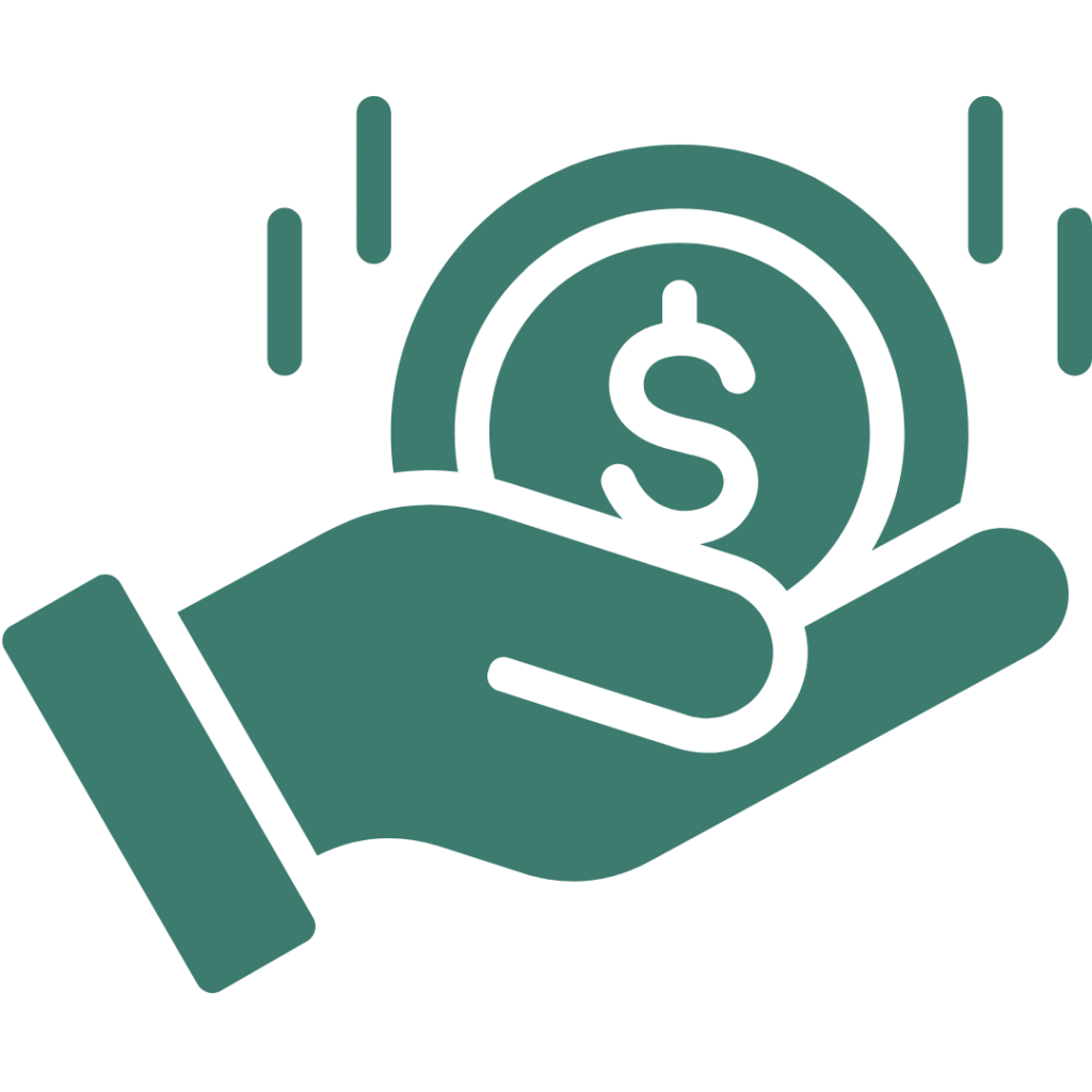 Ícone de mão segurando moeda, representando captação de recursos financeiros.