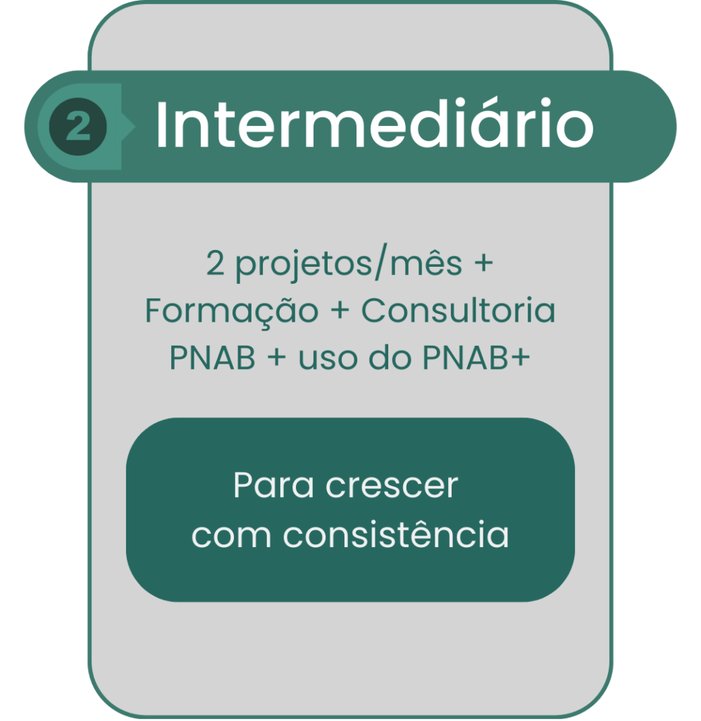 Card do plano Intermediário, em tons de verde, com título “Intermediário” no topo e descrição central indicando “2 projetos por mês, com formação, consultoria PNAB e uso da plataforma PNAB+”. Na parte inferior, botão com a frase “Para crescer com consistência".