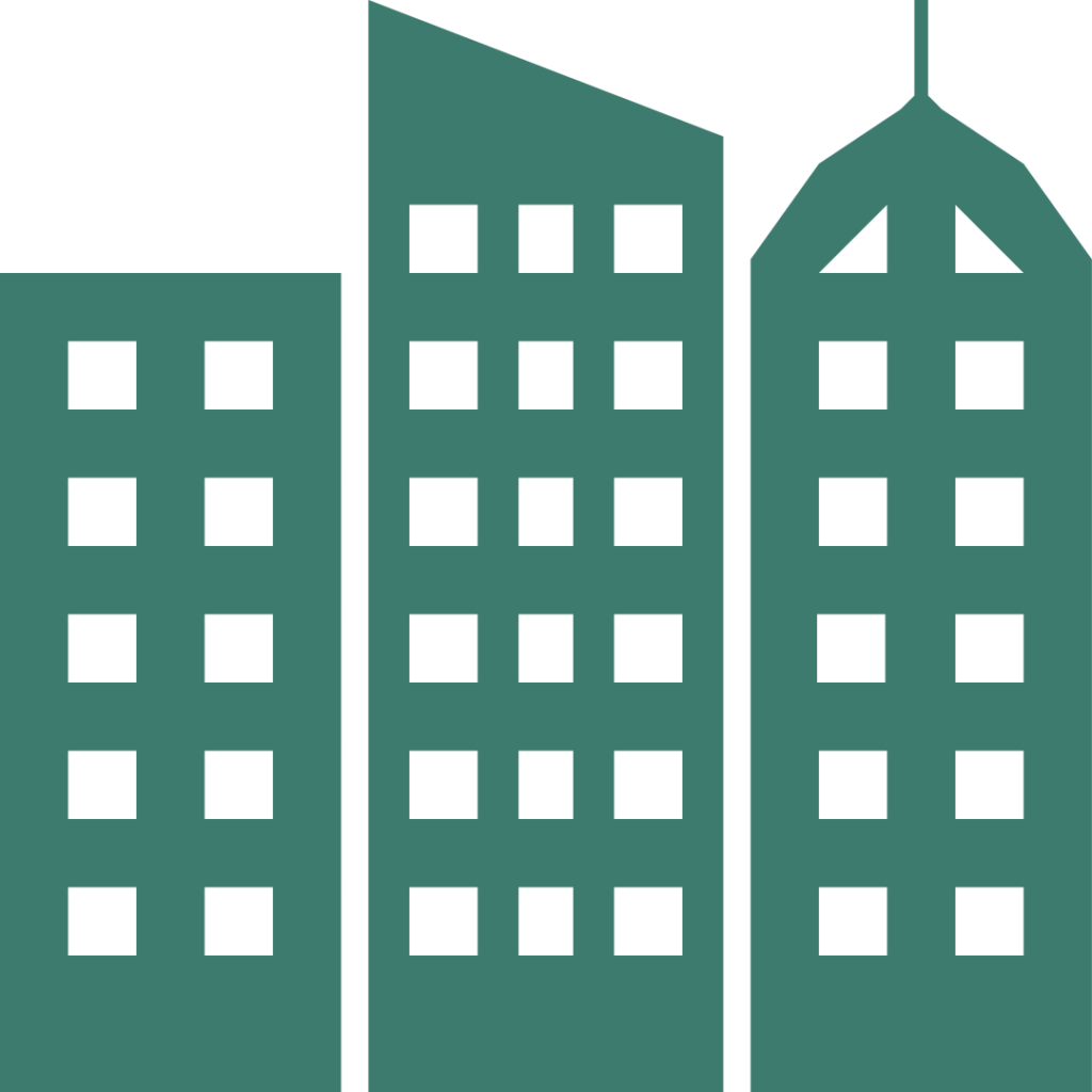 Ícone de prédios e construções urbanas representando crescimento da cidade, desenvolvimento urbano e impacto positivo no território.