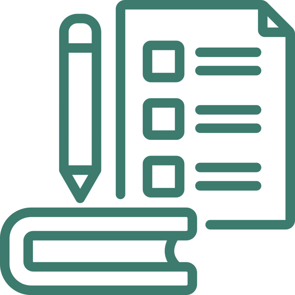 Ícone de elaboração de projetos culturais, com lápis, checklist e livros, representando planejamento, escrita técnica e desenvolvimento de propostas.