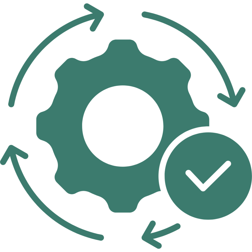 Ícone de engrenagem com setas circulares e check, representando execução de ações, processos em andamento, gestão eficiente e tarefas concluídas.
