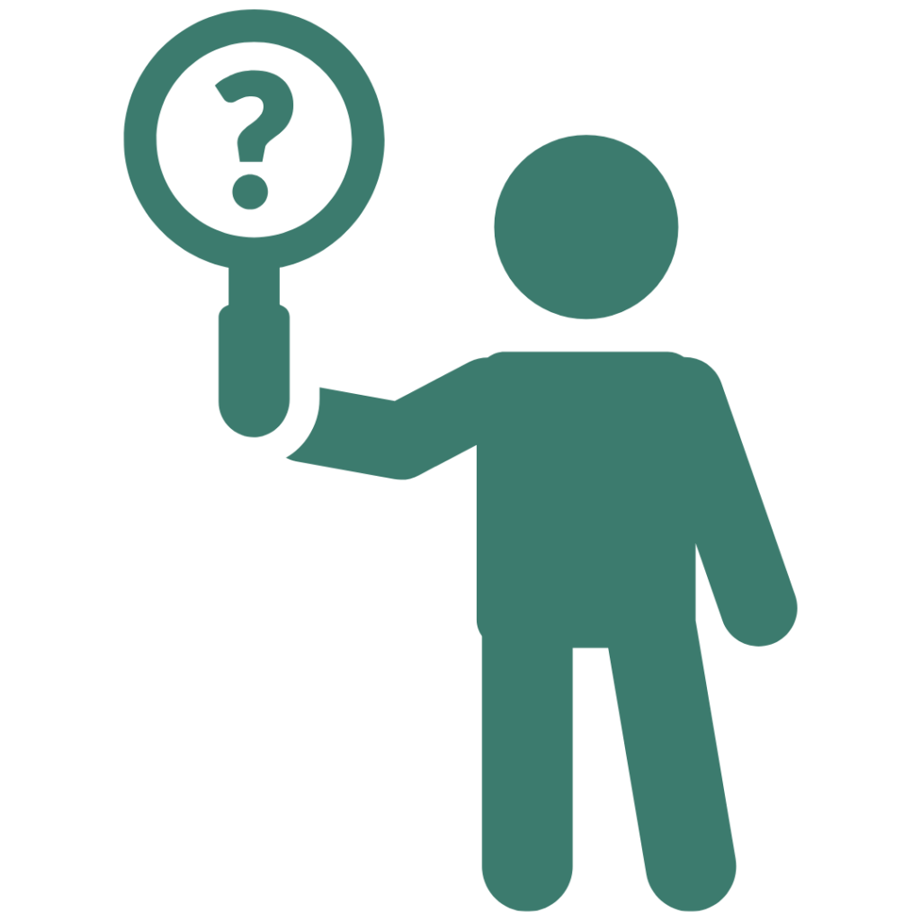 Ícone de pessoa com lupa e ponto de interrogação, representando falta de clareza ou dúvida.