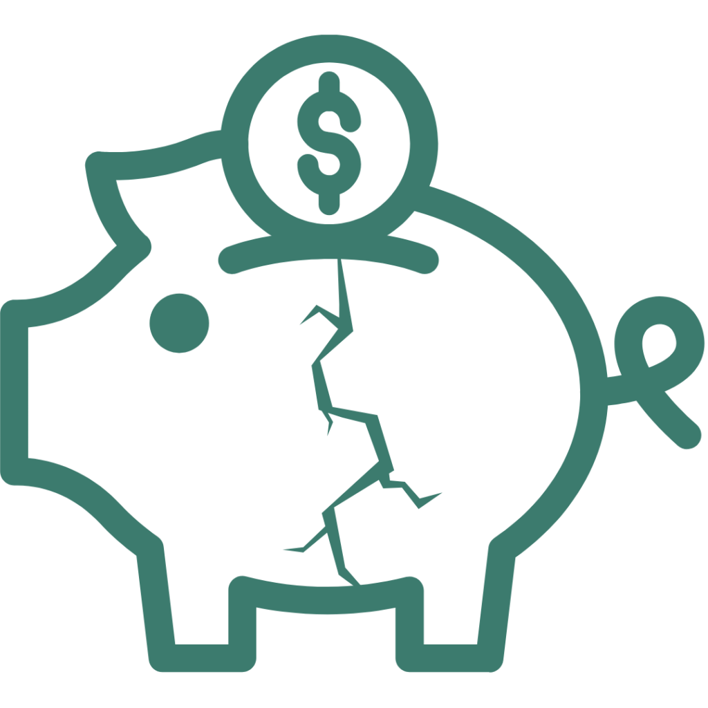 Ícone de cofre quebrado com símbolo de dinheiro, representando falta de recursos financeiros e impossibilidade de ampliar o orçamento.