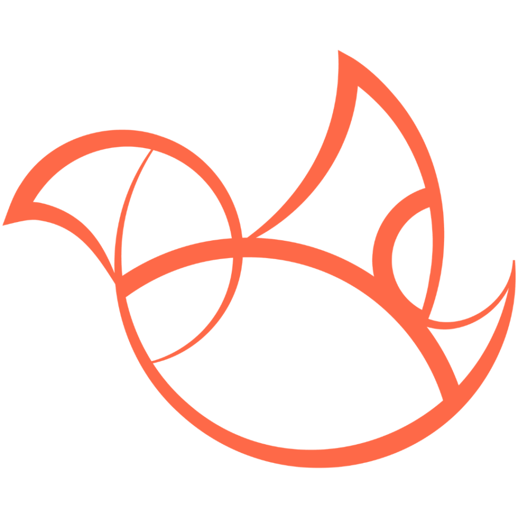 Ícone do Ativaz Produções em estilo de linhas curvas na cor laranja, formando um pássaro estilizado com traços orgânicos e geométricos.