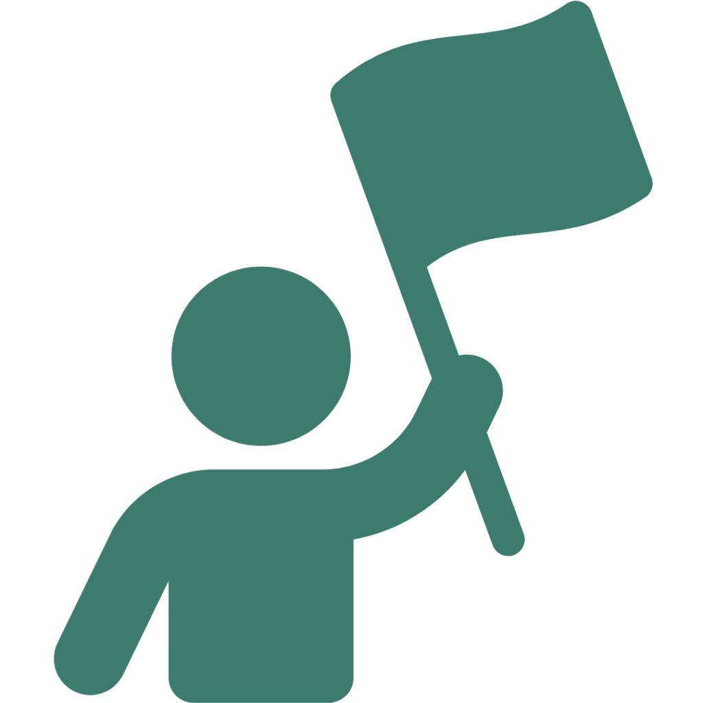 Ícone de pessoa levantando uma bandeira, representando liderança ativa, protagonismo e ação.