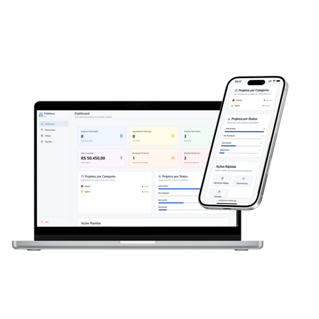 Tela demonstrativa da plataforma pnab+, representada na versão para celular e para computador.