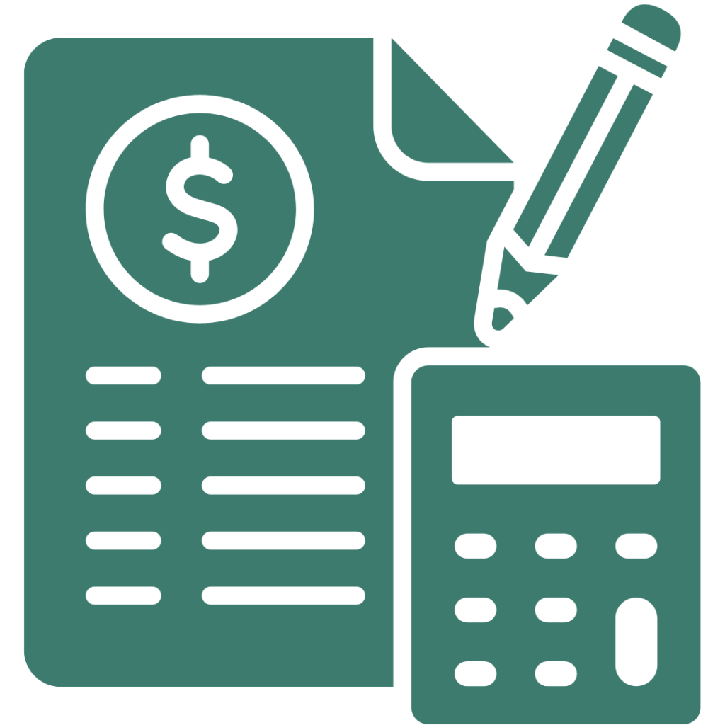 Ícone de prestação de contas com documento financeiro, símbolo de cifrão, calculadora e lápis, representando controle, transparência e organização de recursos.