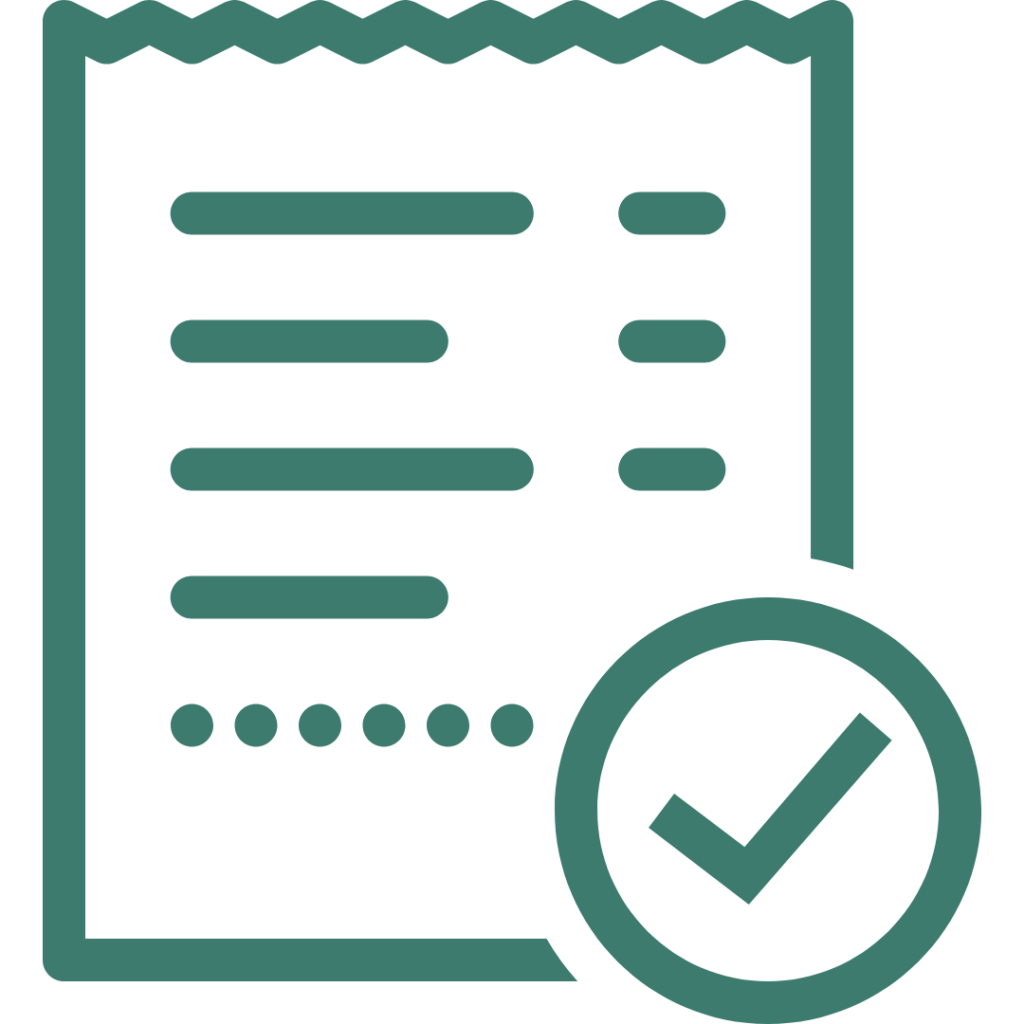 Ícone de recibo com linhas de texto e selo de verificação, representando comprovação, documento validado e regularidade financeira.