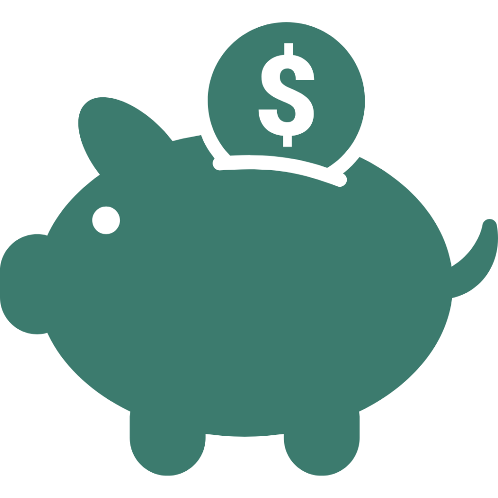 Ícone de cofre em formato de porco com moeda, representando recursos financeiros, captação de recursos e investimento.