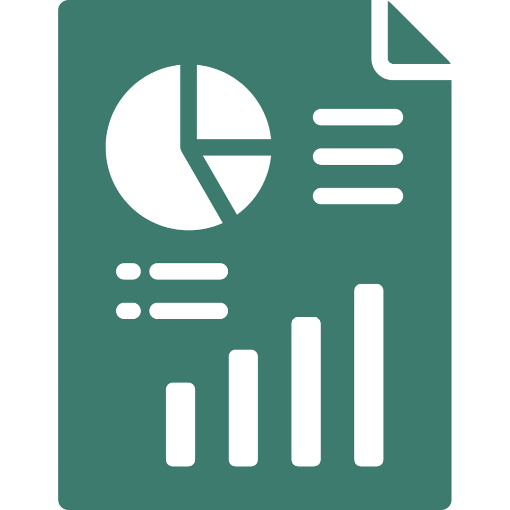 Ícone de relatório mensal com gráfico de pizza e barras, representando análise de dados, indicadores de desempenho, acompanhamento de resultados e prestação de contas.
