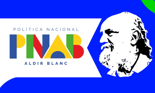 Logotipo da Política Nacional Aldir Blanc (PNAB) com identidade visual colorida e ilustração de Aldir Blanc